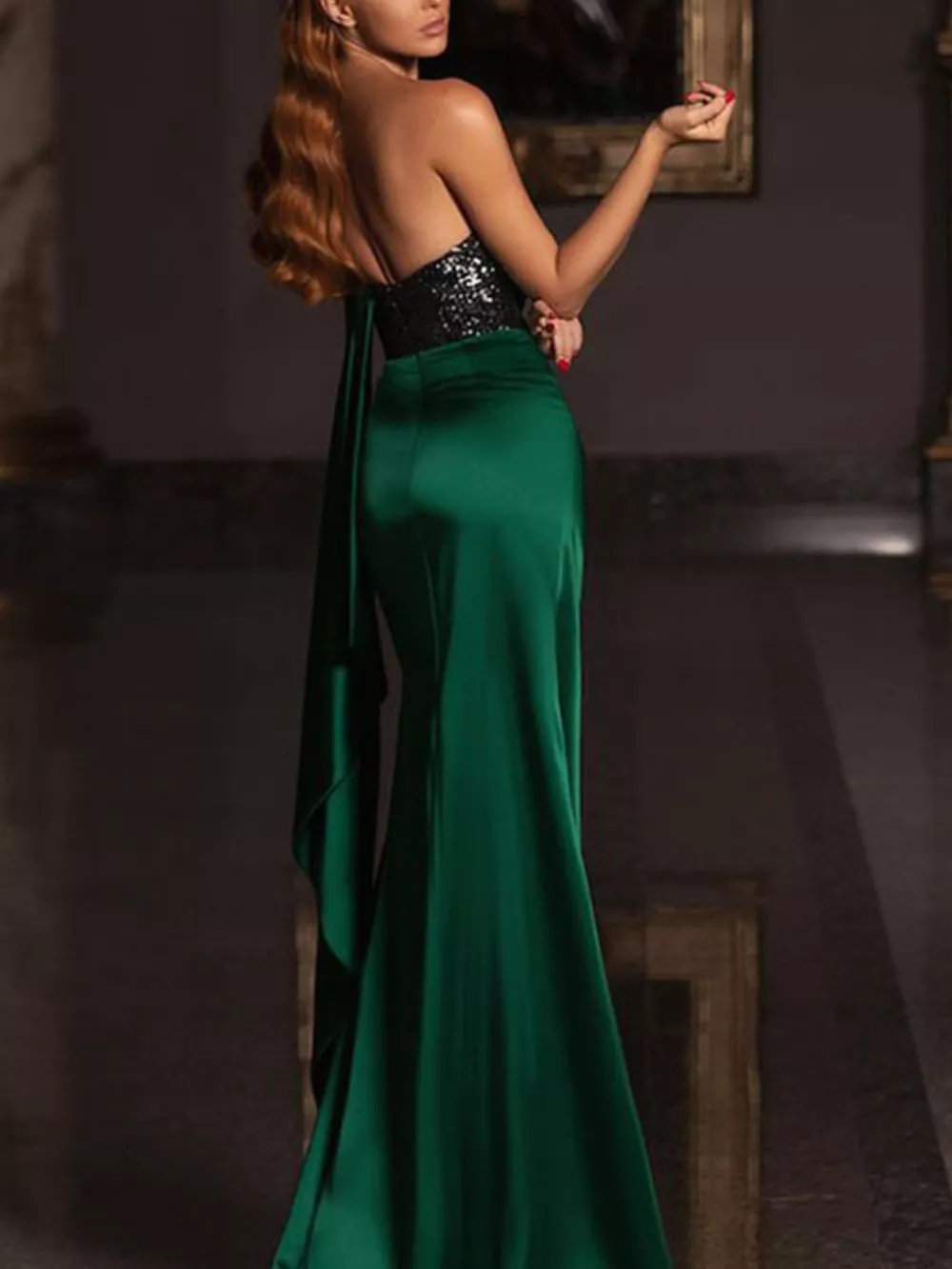 One-Shoulder Sequin Bodice Satin Gown with High Slit, image 4