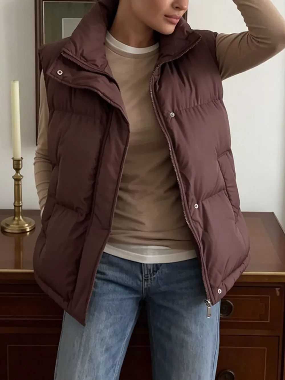 Snap-Button Placket Quilted Puffer Vest Coat, image 12