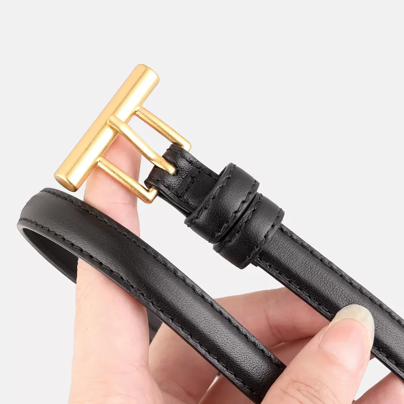 Leather Belt with Golden T-Buckle
