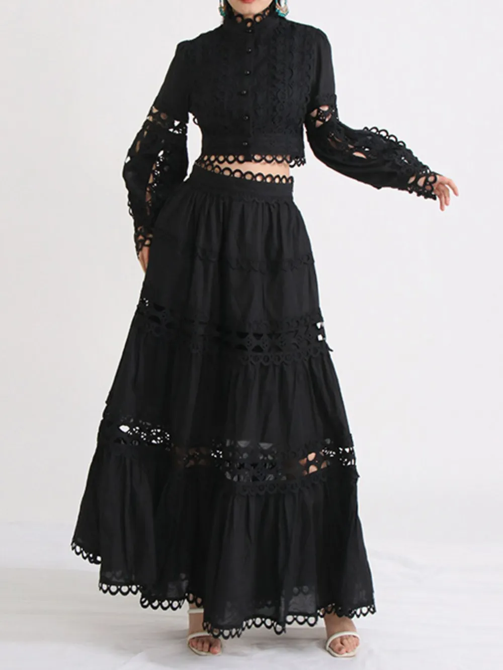 Lace Button Up Long Sleeve Top and Skirt Set, image 6