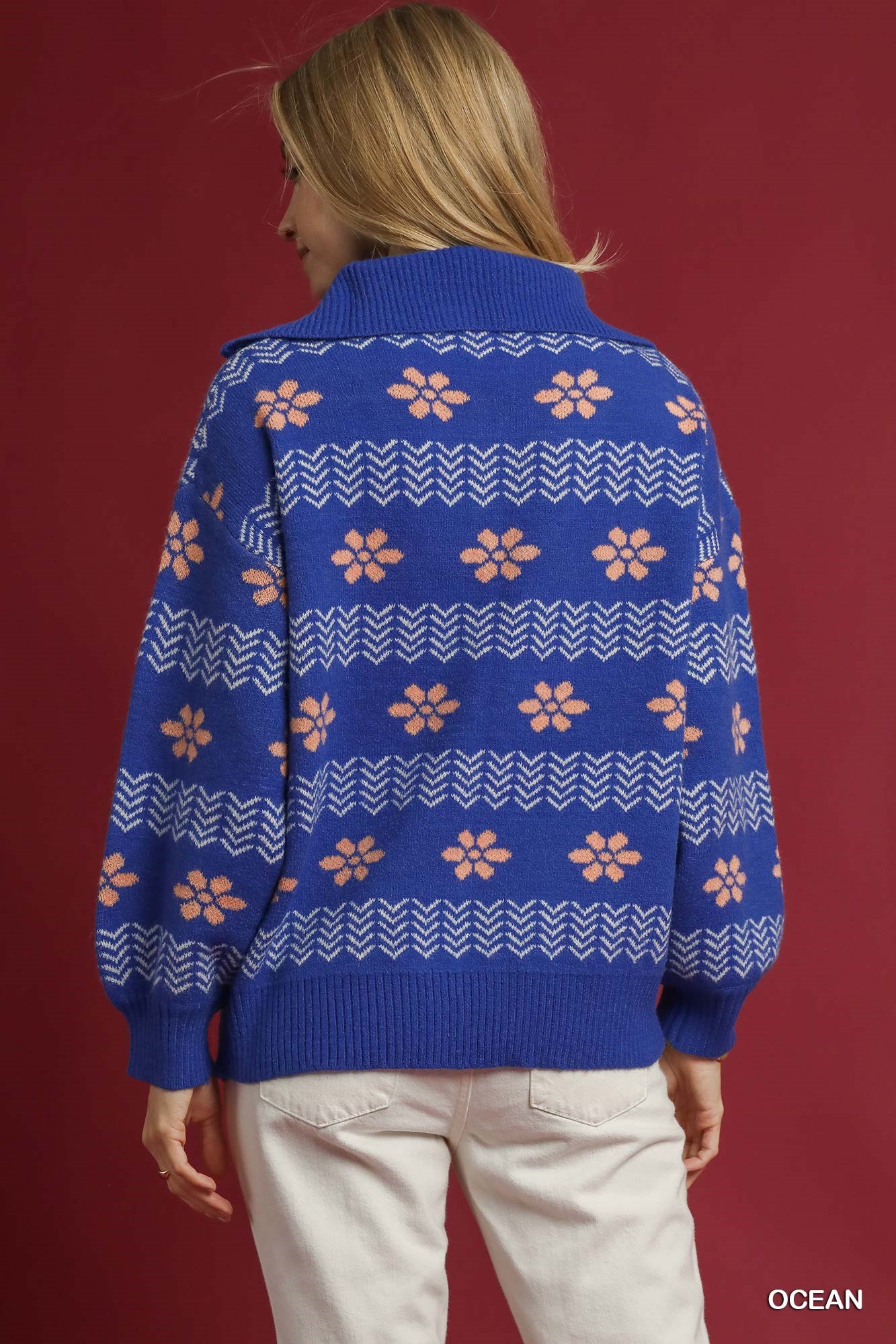 Floral Patterned Jacquard Quarter-Zip Pullover Sweater, image 3