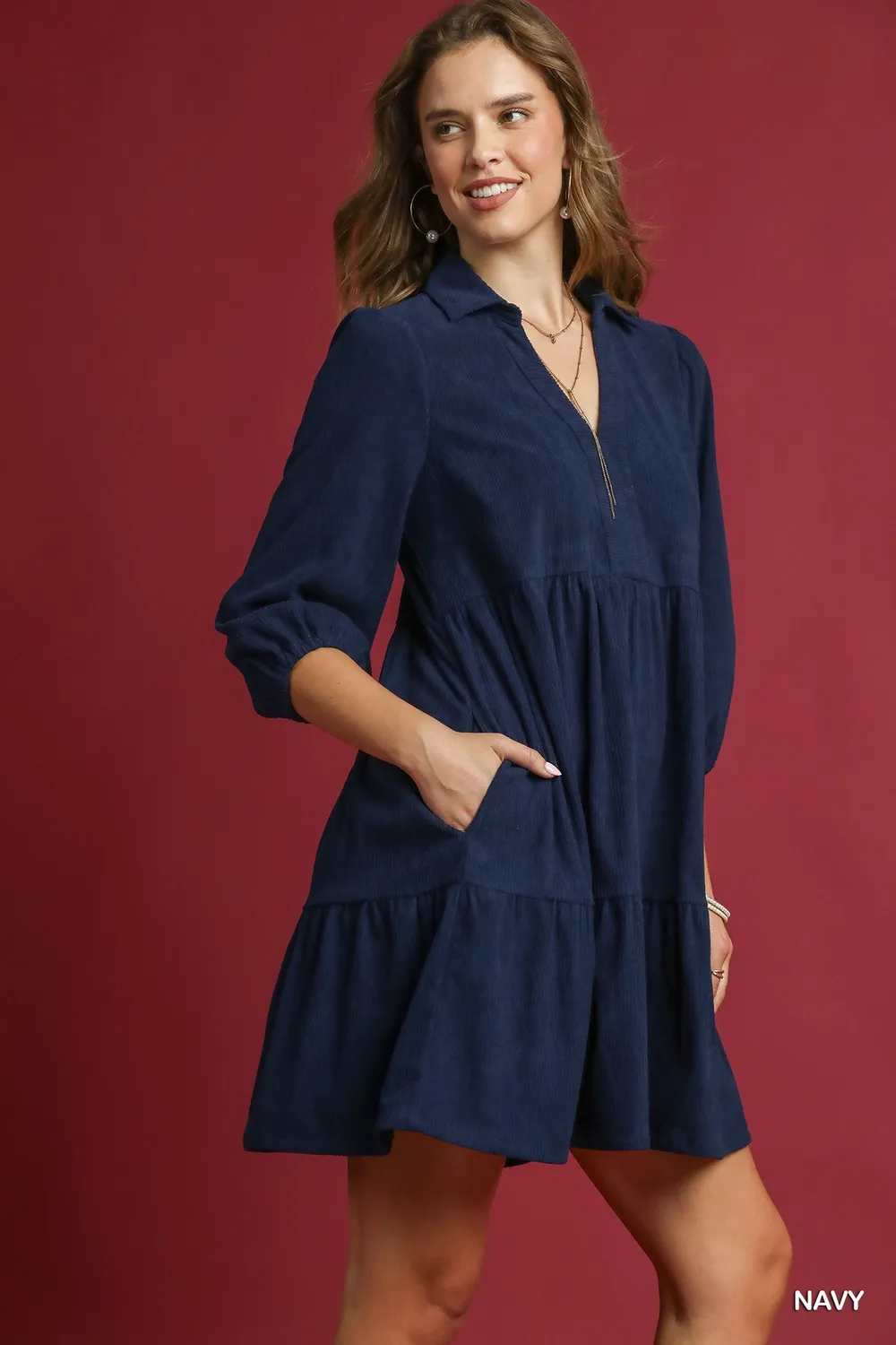 Tiered Corduroy Mini Dress with Balloon Sleeves, image 4