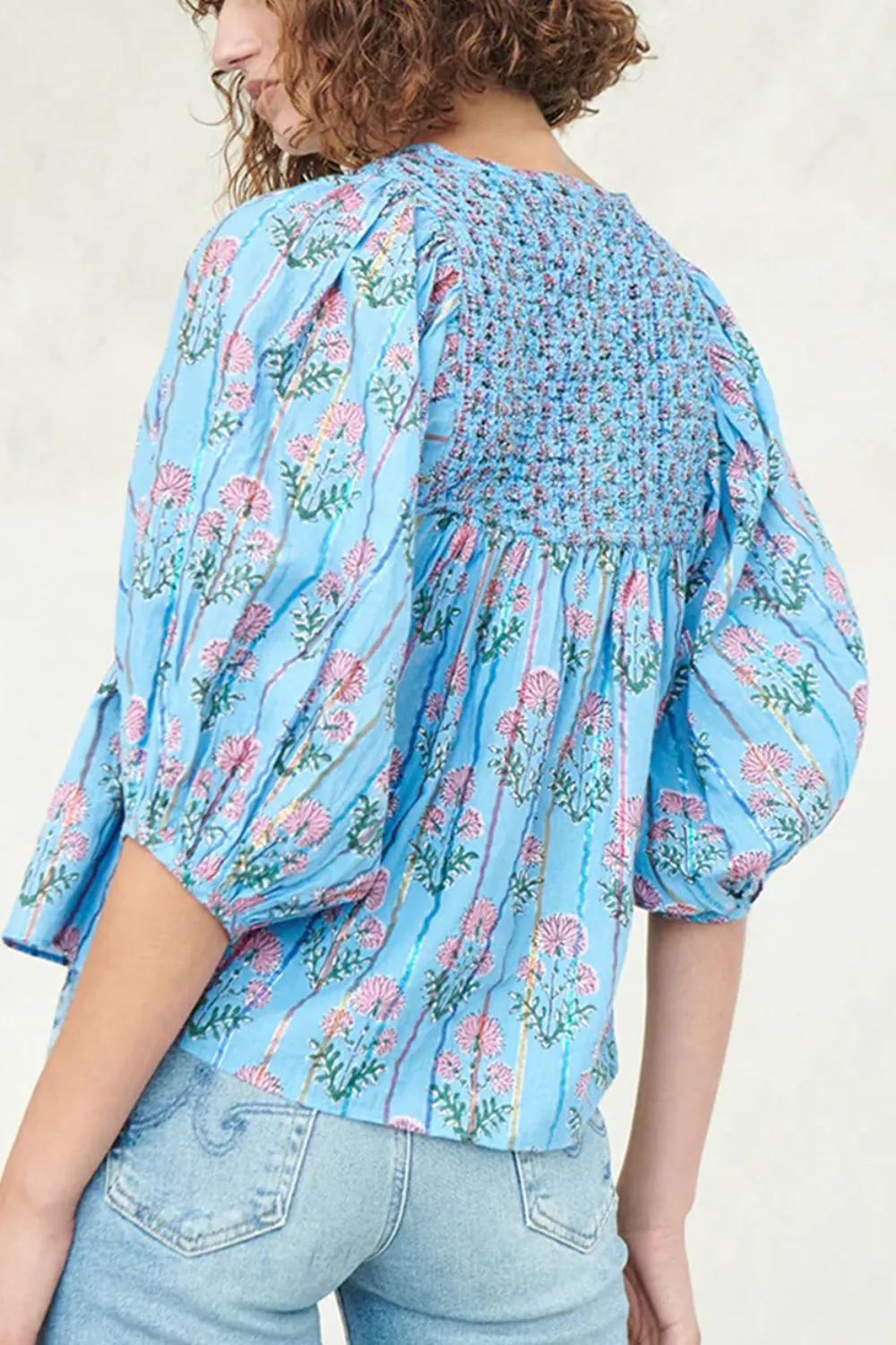 Smocked Floral Print Tie Neck Blouse, image 9