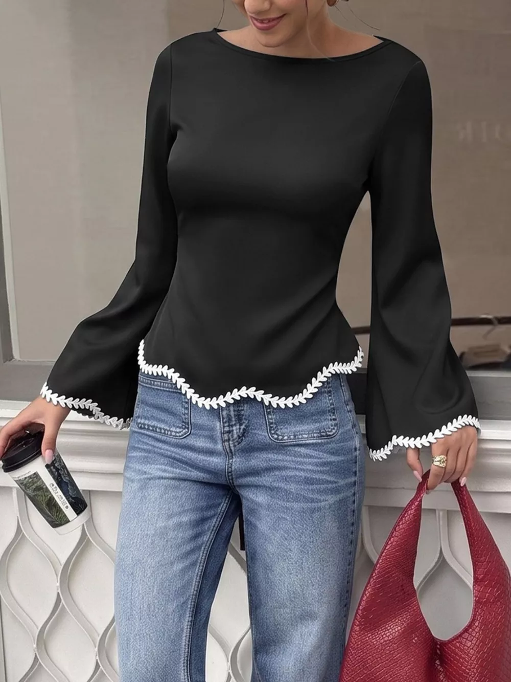 Contrast Trim Flare Sleeve Blouse, image 5