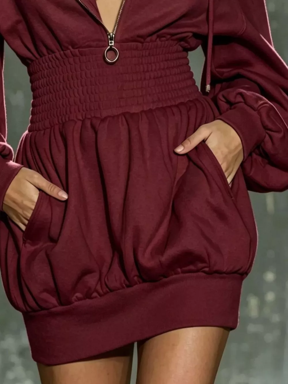 Hooded Long Sleeve Mini Dress with Smocked Waist, image 6