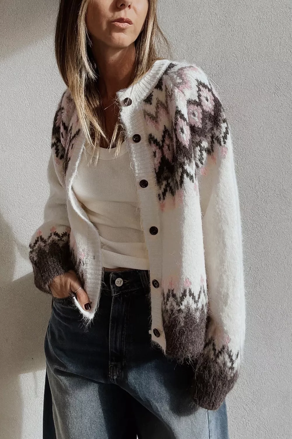 Geometric Pattern Brushed Knit Button Cardigan, image 3