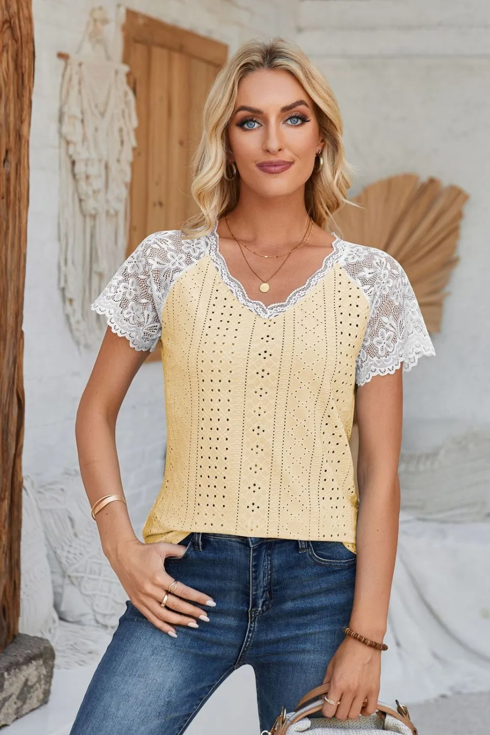 Eyelet V-Neck Lace Short Sleeve T-Shirt, image 20