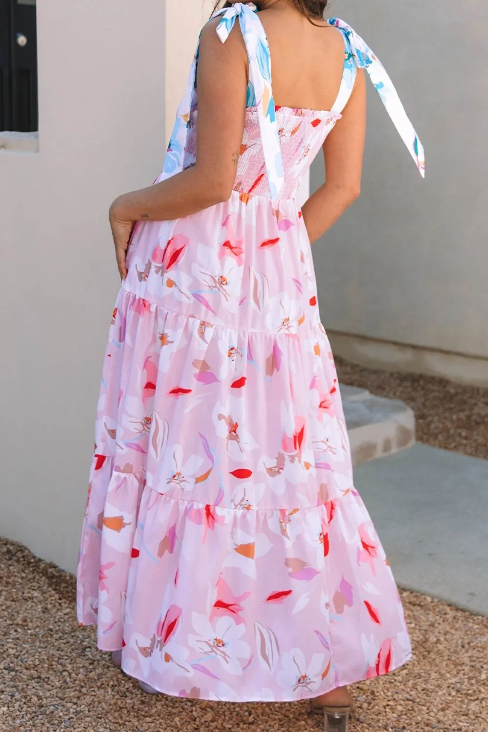 Floral Print Knotted Shoulder Smocked Maxi Dress, image 7