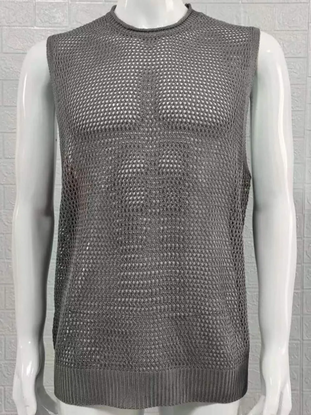 Men's Openwork Round Neck Sleeveless Knit Top, image 7