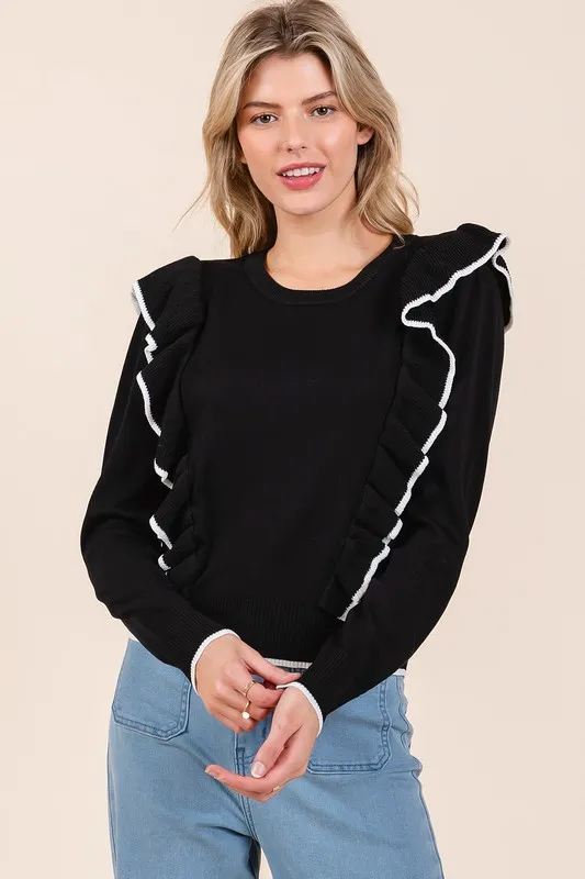 Contrast Trim Ruffled Round Neck Knit Top, image 4