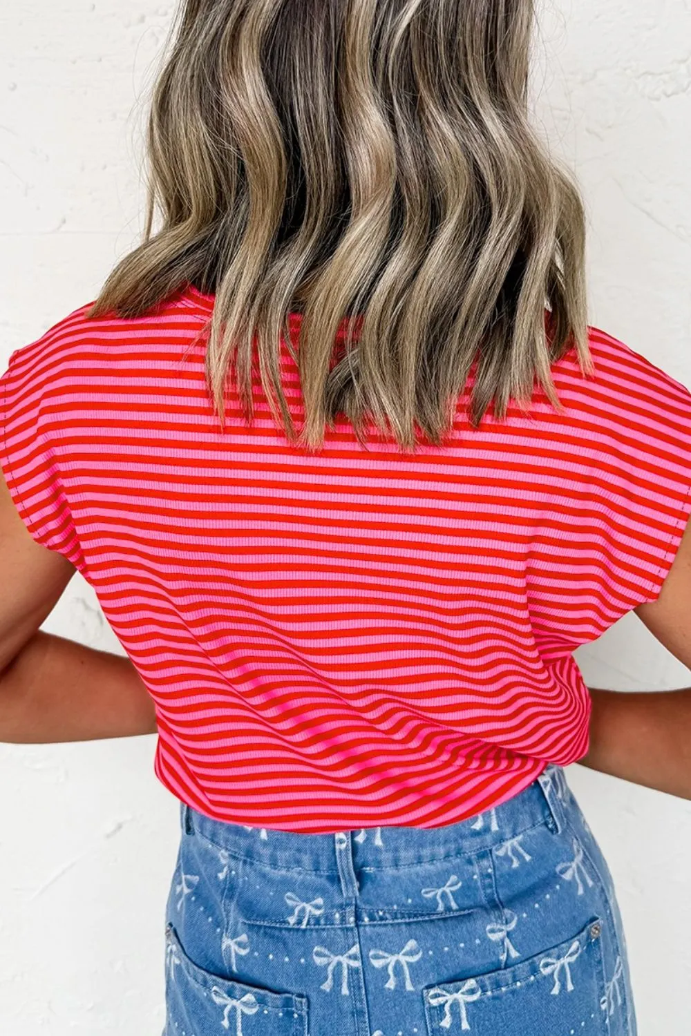 Stripe Ribbed Cap Sleeve Round Neck T Shirt, image 8