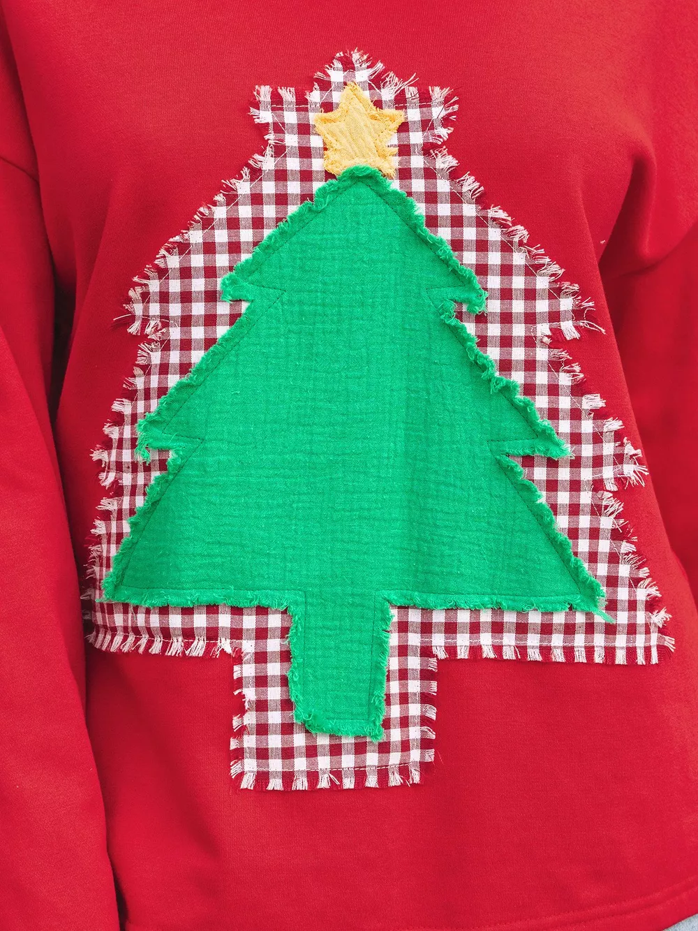 Plaid Frayed Double Christmas Tree Patched Drop Shoulder Sweatshirt, image 4
