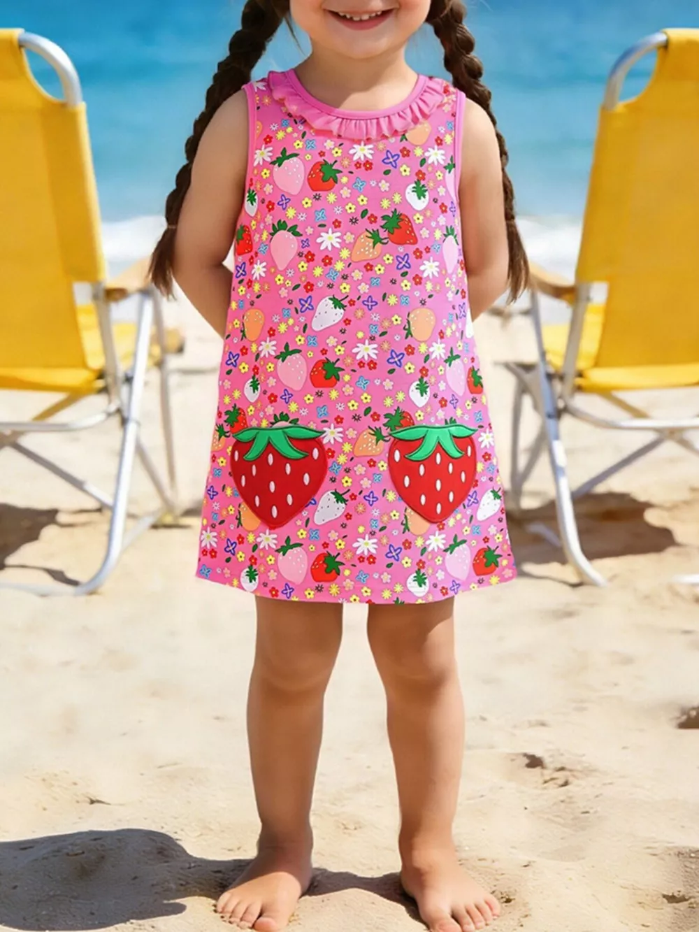 Children's Embroidered Strawberry Print Sleeveless Dress