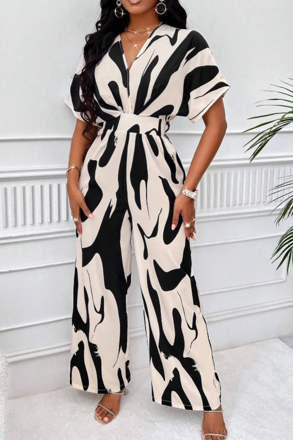 Printed V-Neck Short Sleeve Wide Leg Jumpsuit, image 7
