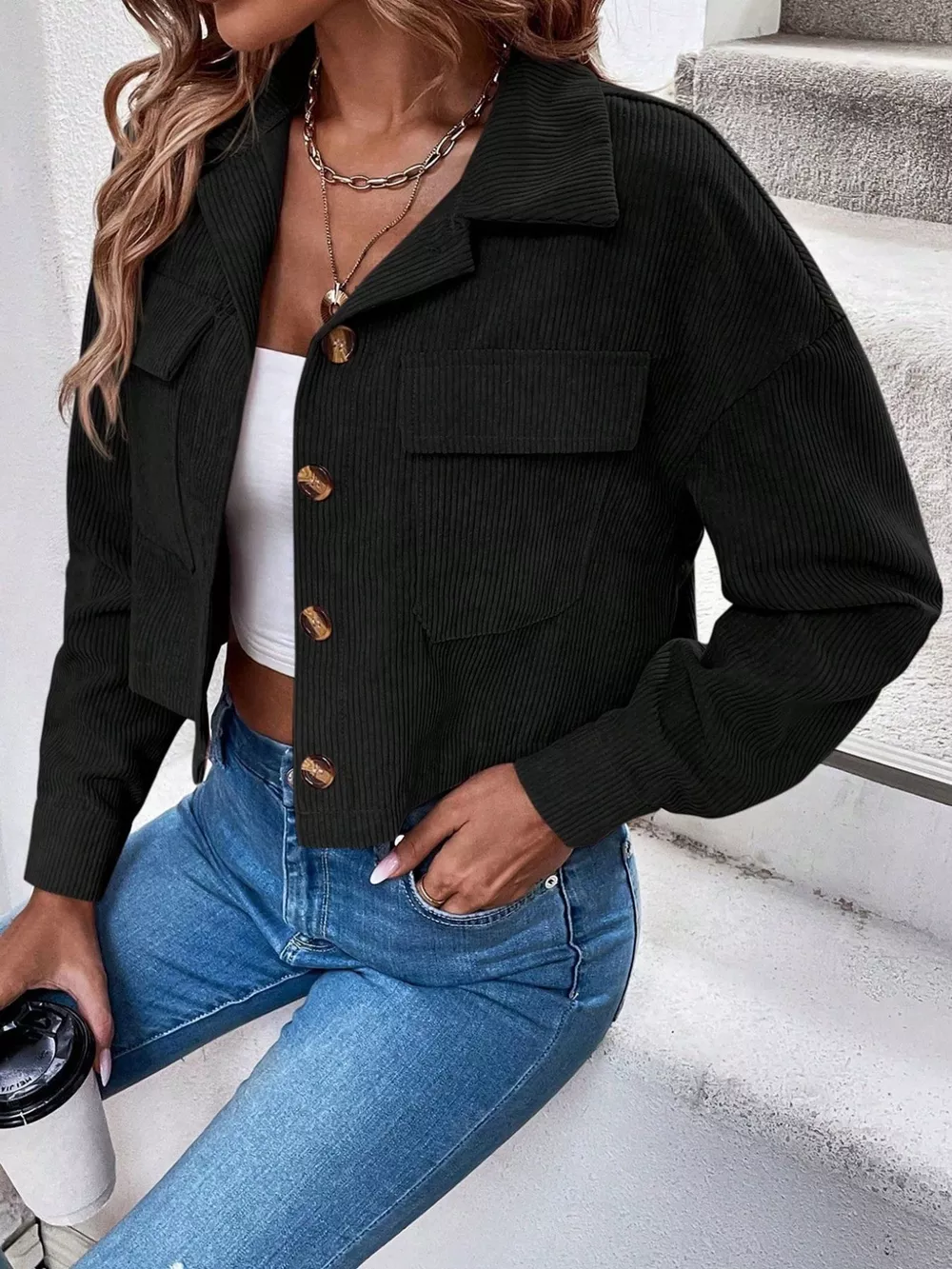 Cropped Corduroy Button-Down Jacket, image 12