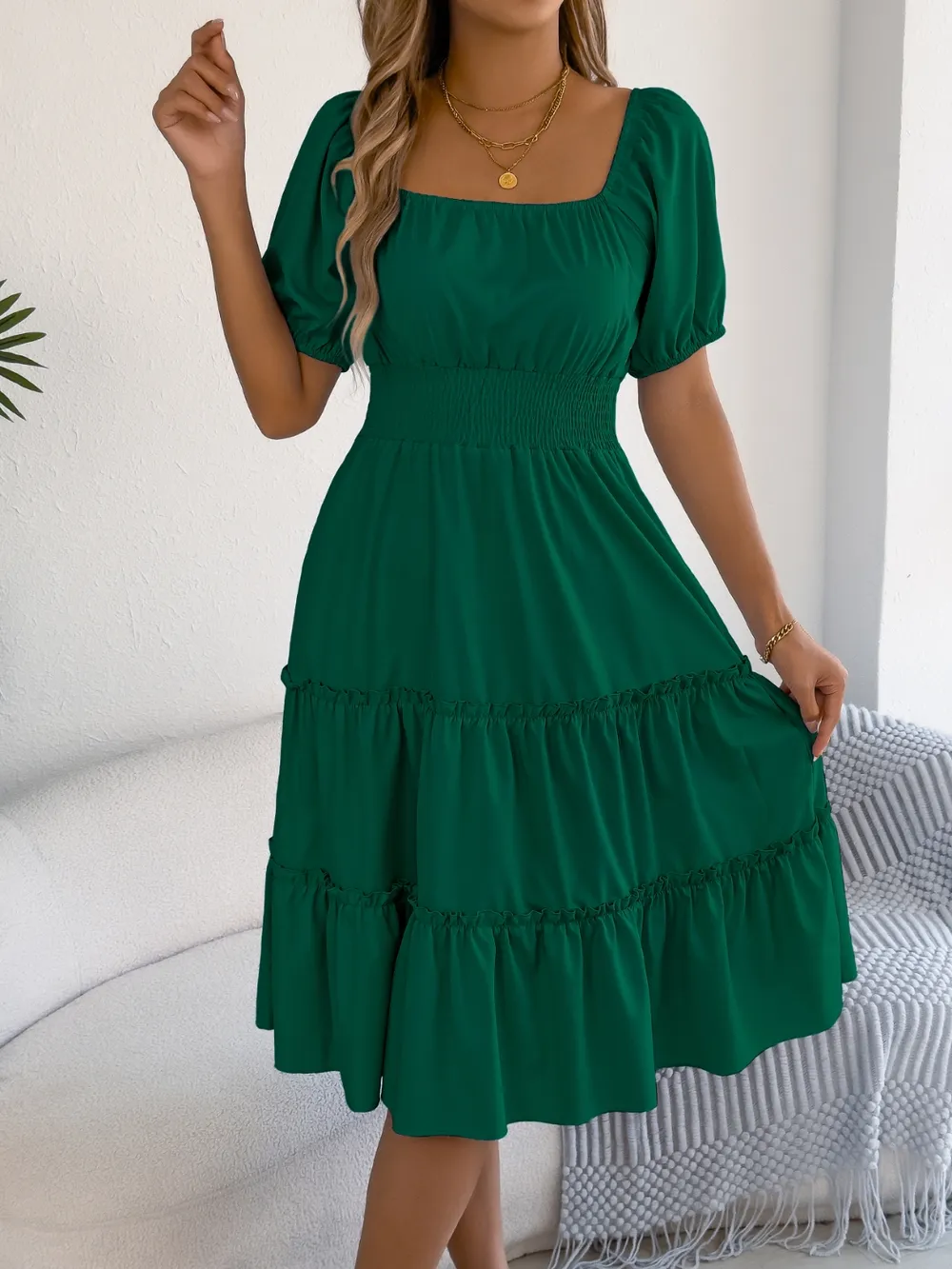 Square Neck Short Puff Sleeve Dress, image 5