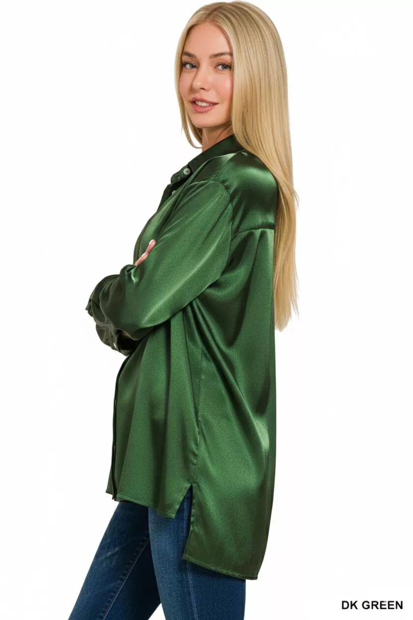 Satin Button Down Long Sleeve Shirt, image 2