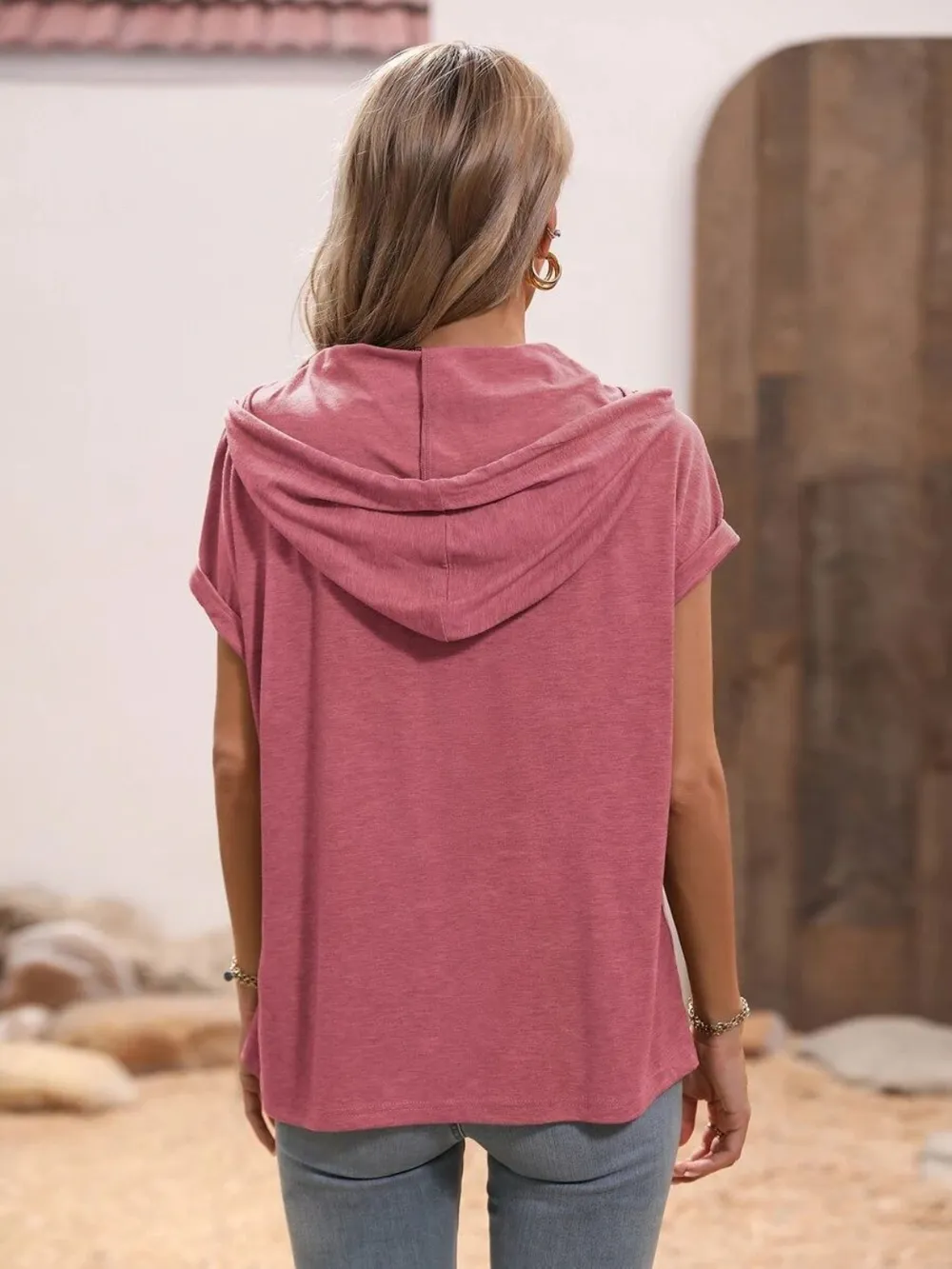 Half Button Hooded Short Sleeve Blouse, image 10