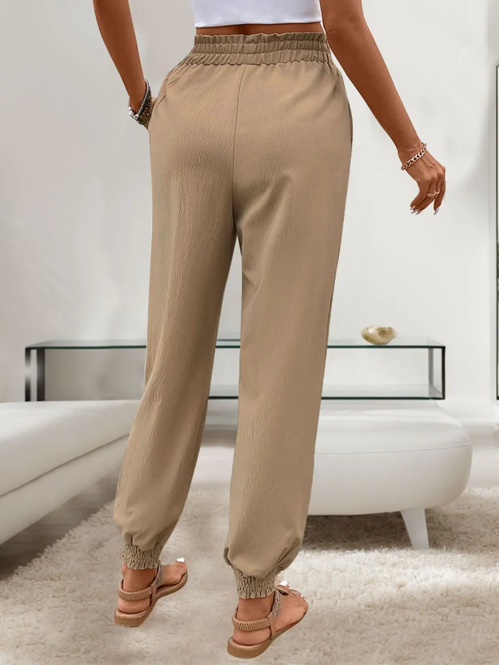 Tied Elastic Waist Pants with Pockets, image 3