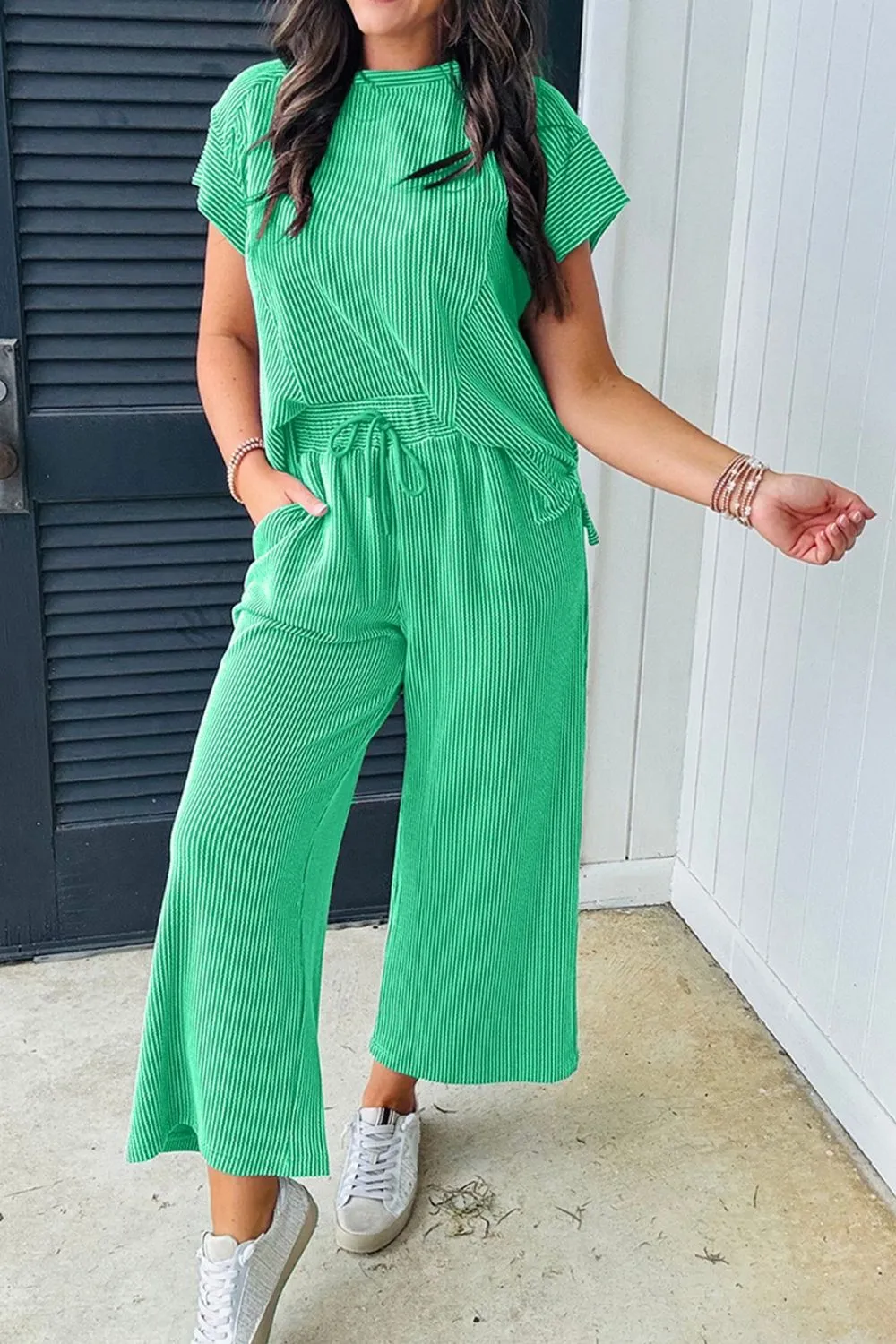 Ribbed Knit Round Neck Top and Pants Casual Set, image 12