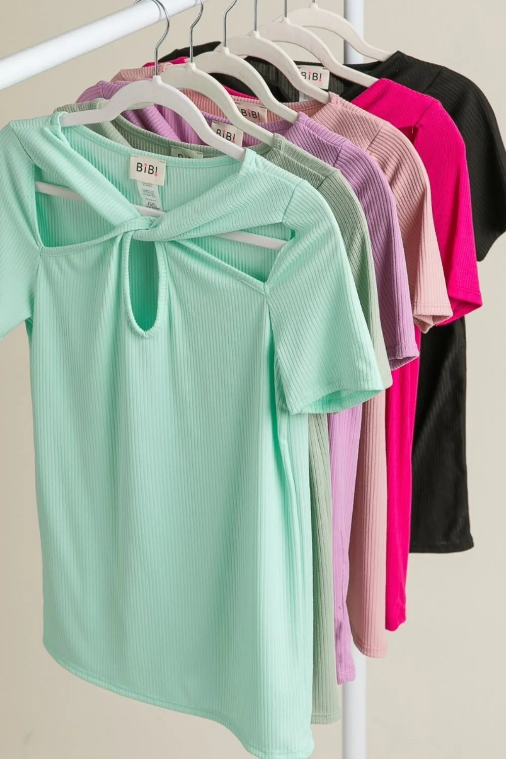 Rib Knit with Cut Out and Front Twist Detailed Top