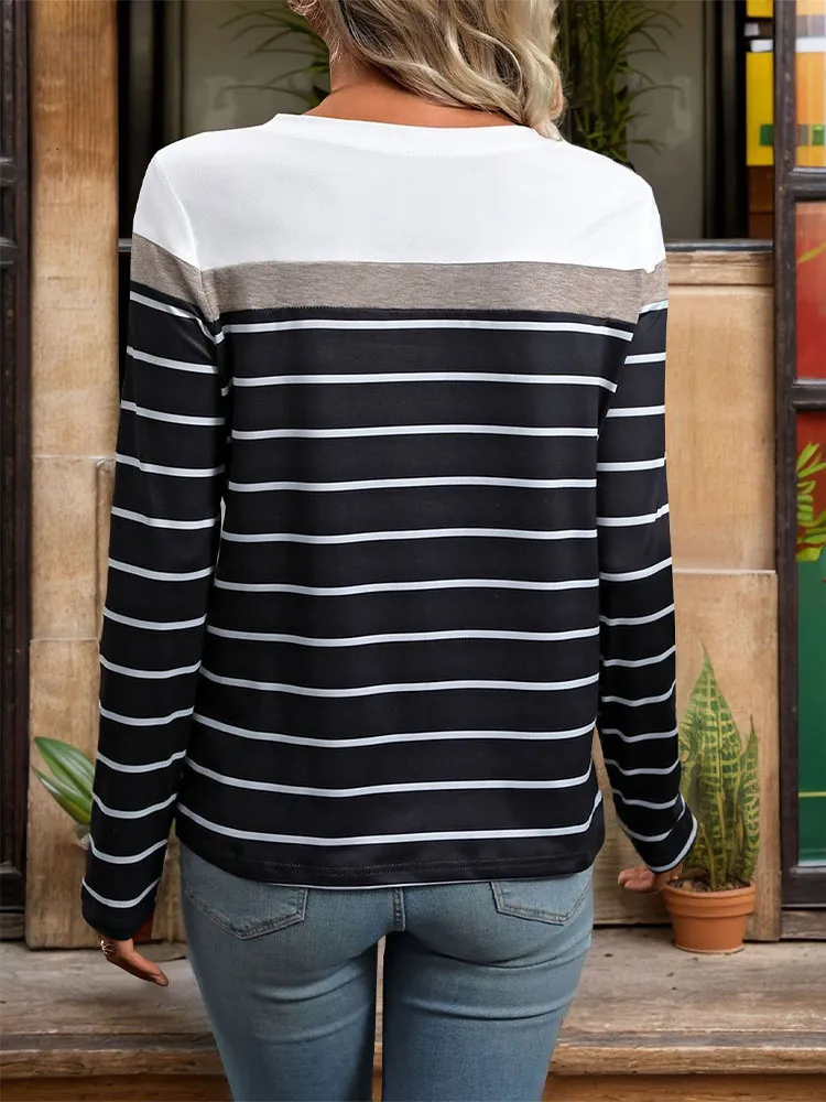 Striped Round Neck Long Sleeve T-Shirt, image 4