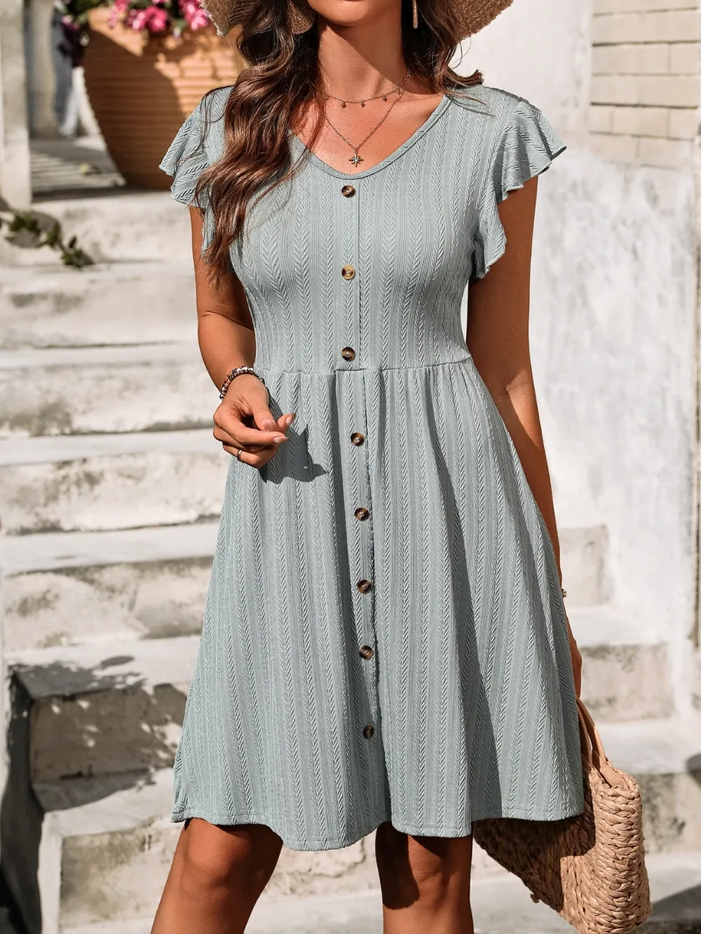 V-Neck Ruffled Cap Sleeve Dress, image 4