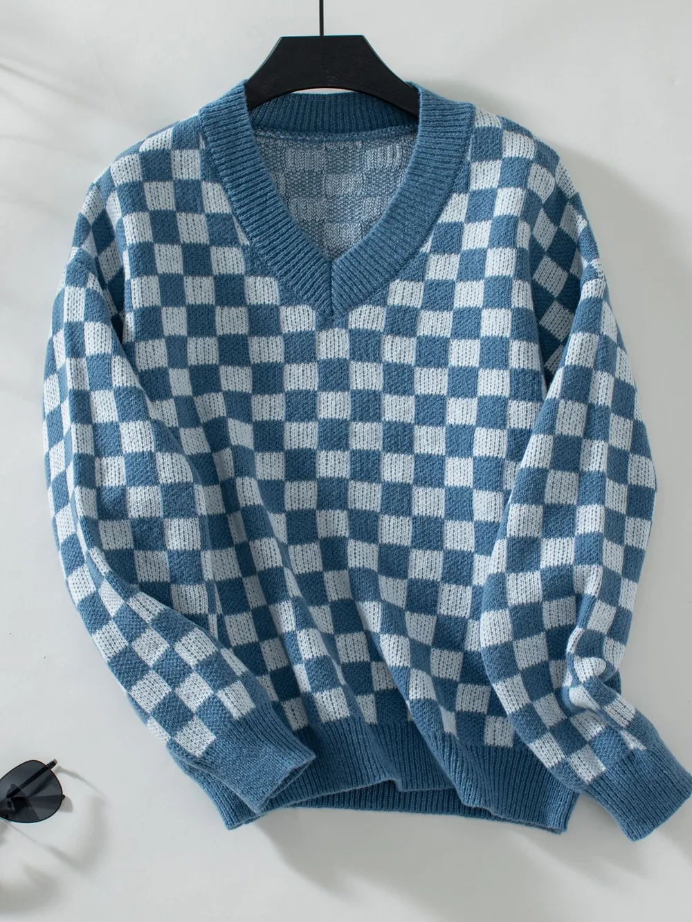 Checkered V-Neck Dropped Shoulder Sweater, image 8