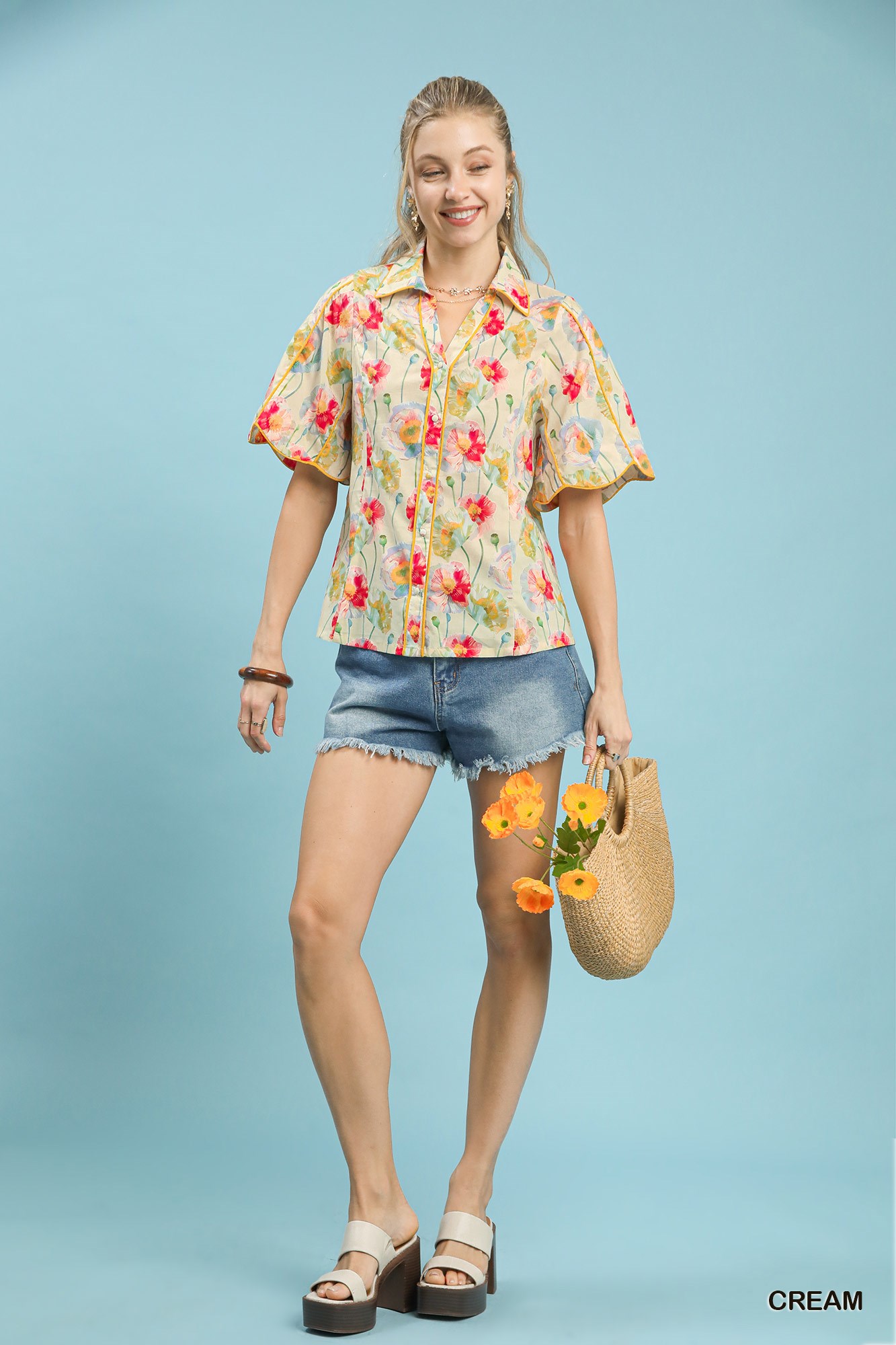 Floral Print Button-Down Blouse with Flutter Sleeves, image 5