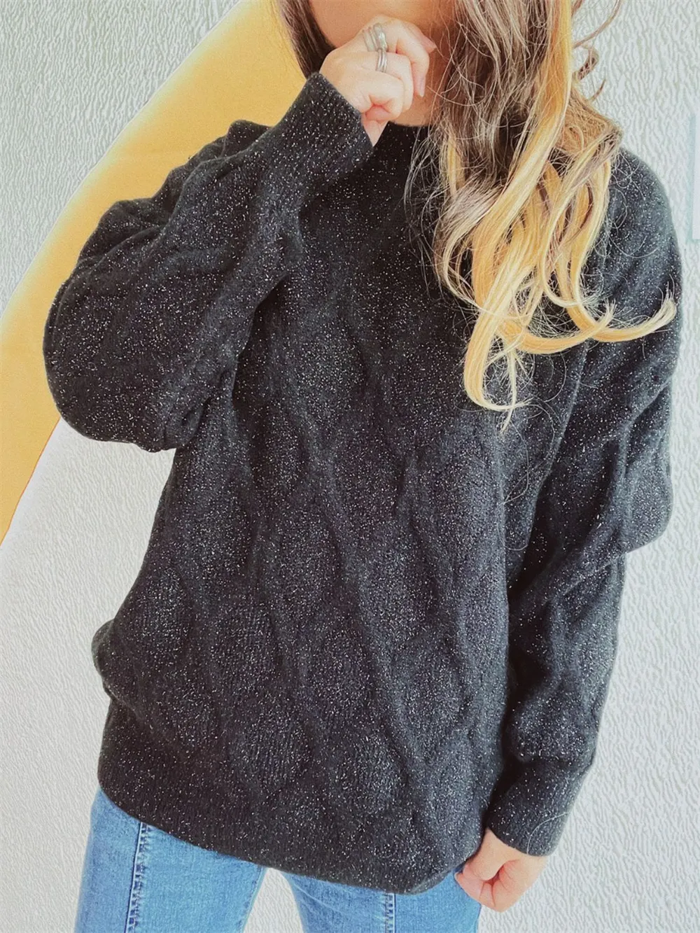 Diamond Round Neck Long Sleeve Sweater, image 2