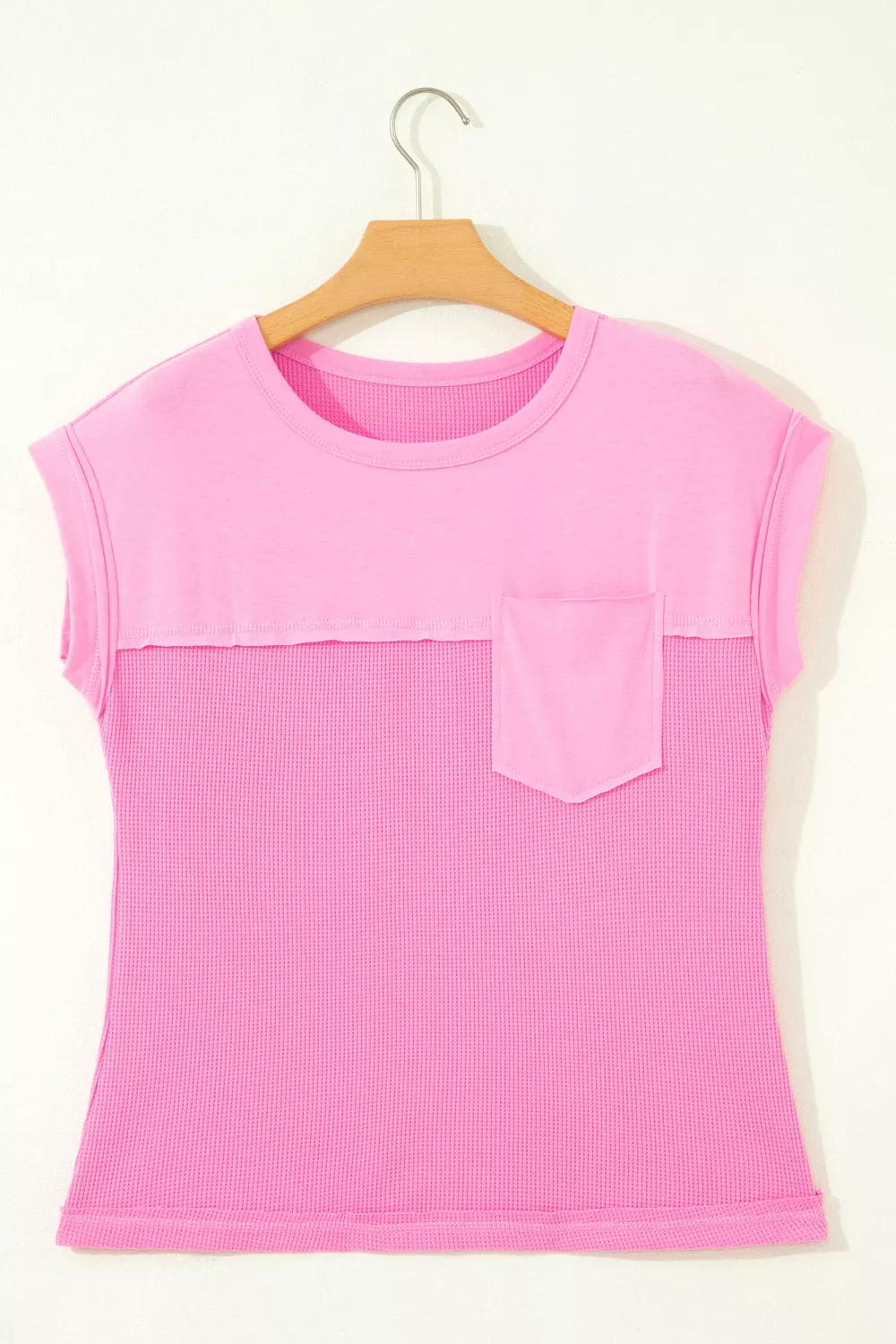 Solid Color Raw Seam Waffled Patchwork Casual T Shirt, image 4