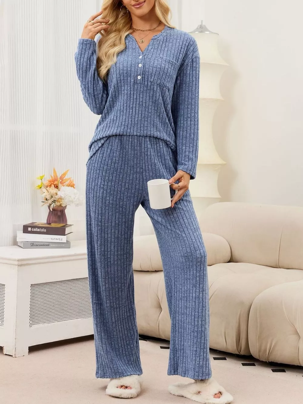 Ribbed Knit Top and Wide-Leg Pants Set, image 2