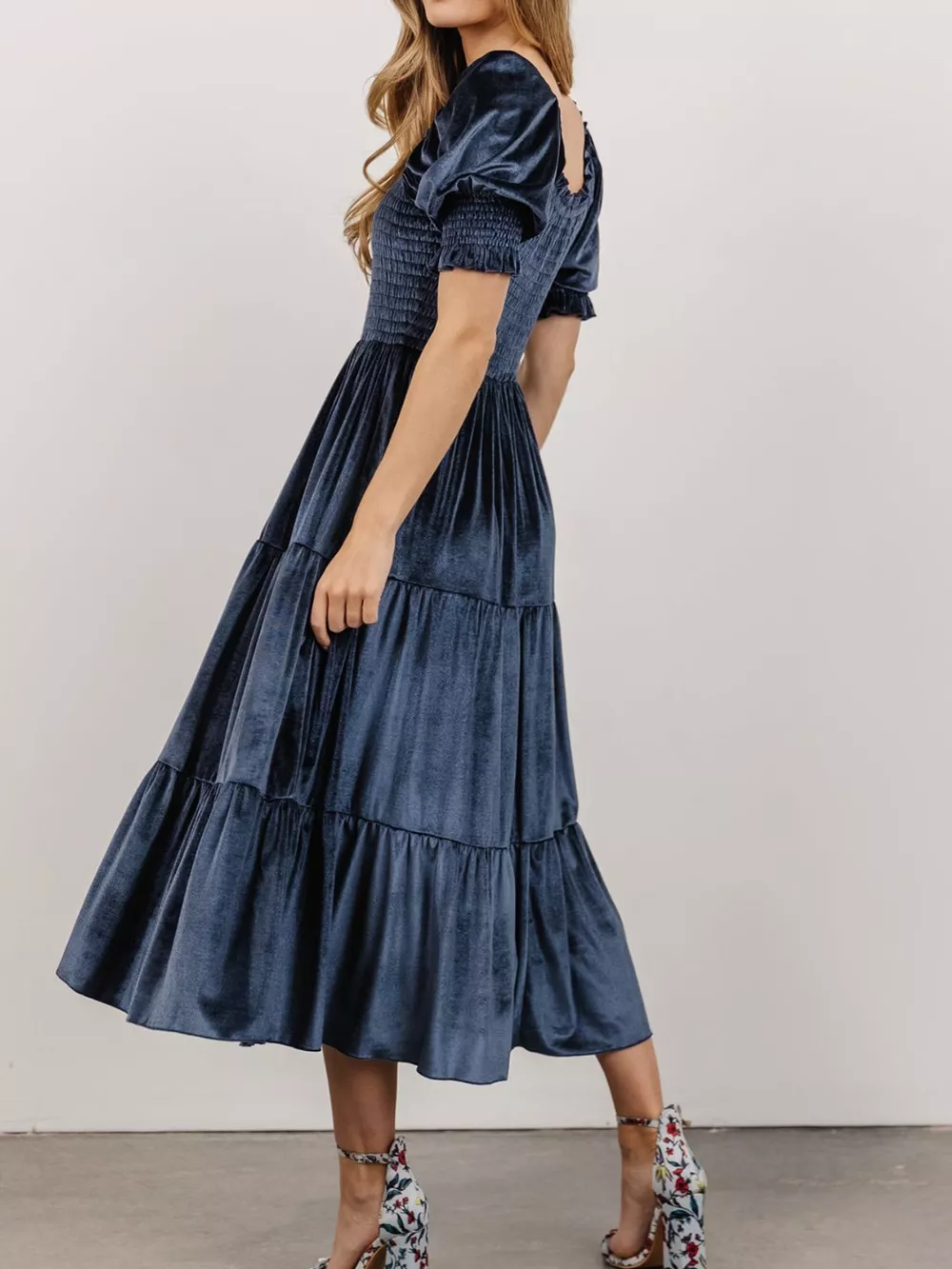 Velvet Smocked Tiered Midi Dress, image 4