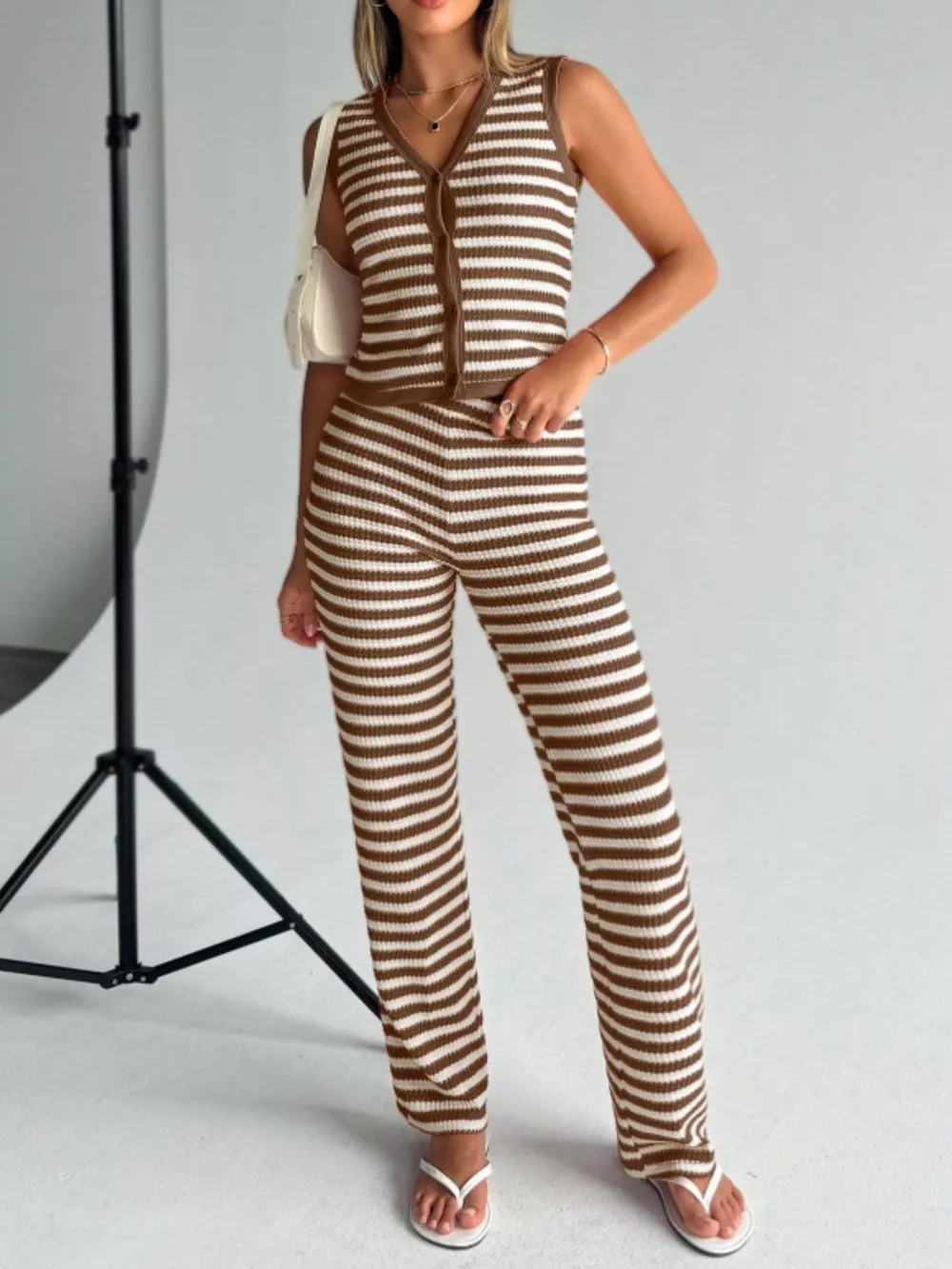 Striped Knit V-Neck Button-Up Sleeveless Top and Flare Pants Set, image 7
