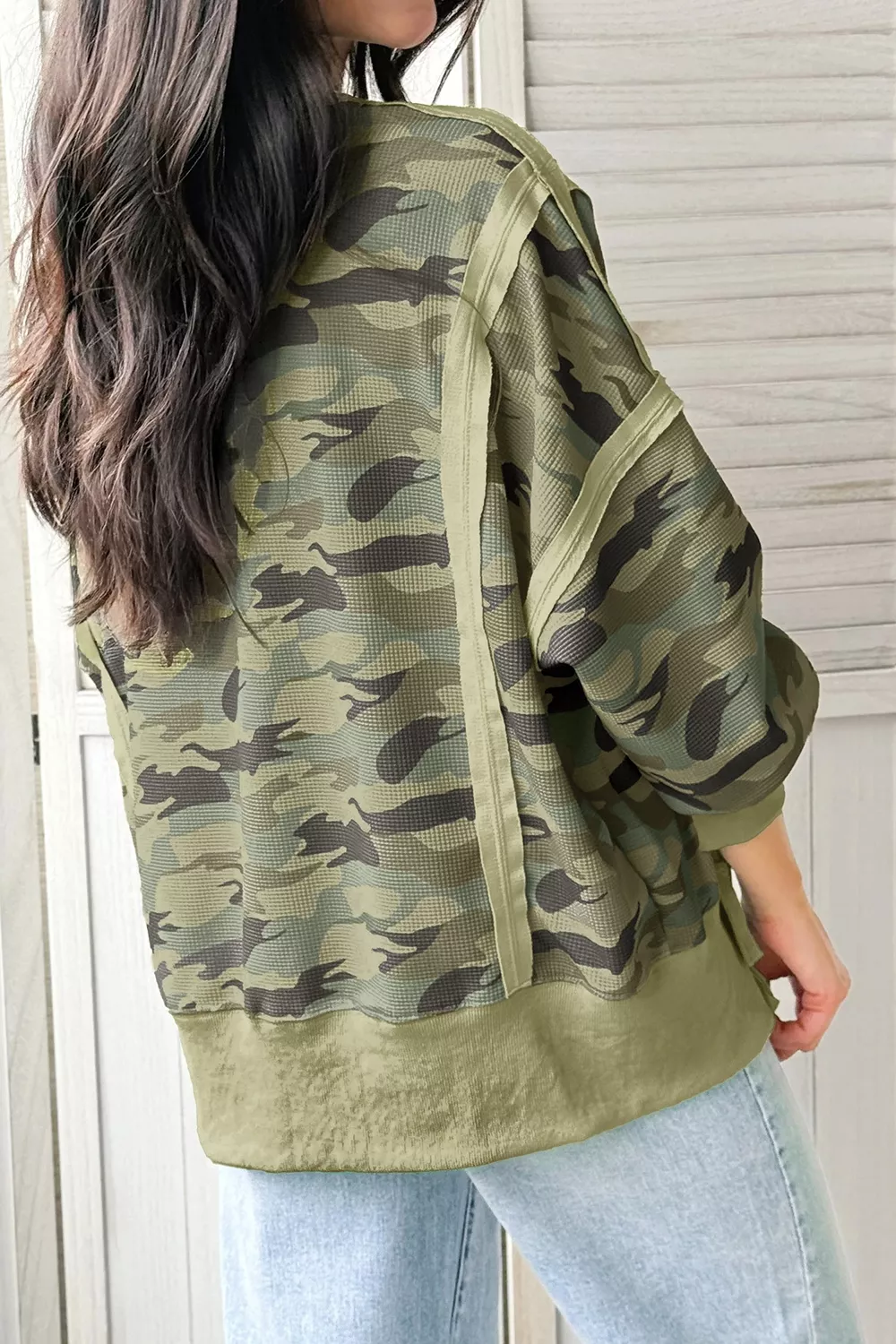 Camouflage Waffle Knit Raw Edge Contrast Trim Oversized Long Sleeve Top, image 3