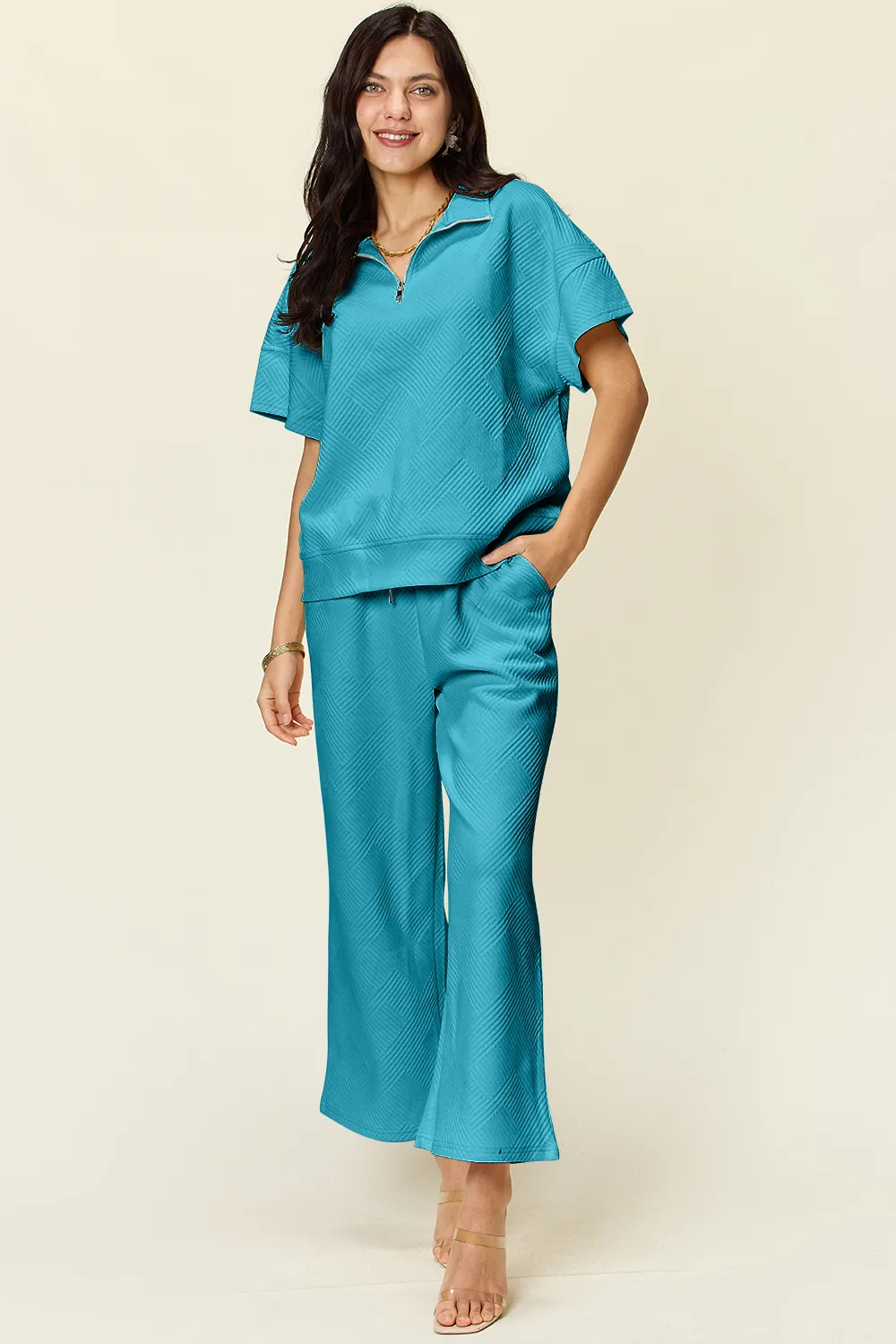 Full Size Texture Half Zip Short Sleeve Top and Pants Set, image 17