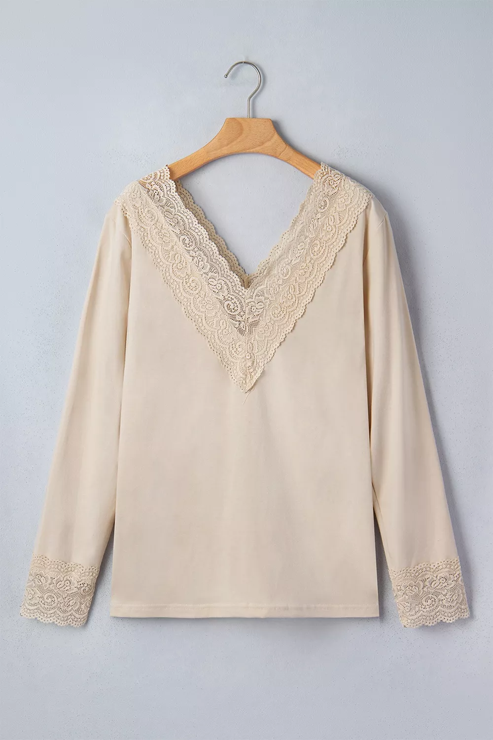 Lace Trim V Neck Long Sleeve Patchwork Pullover Top, image 5
