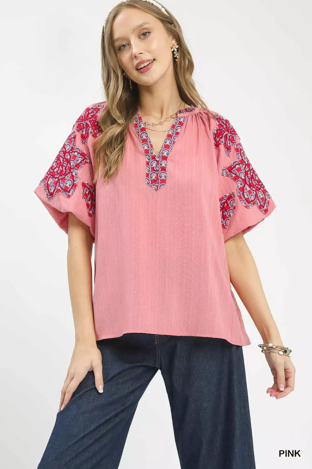 Embroidered Sleeve Contrast Trim Top