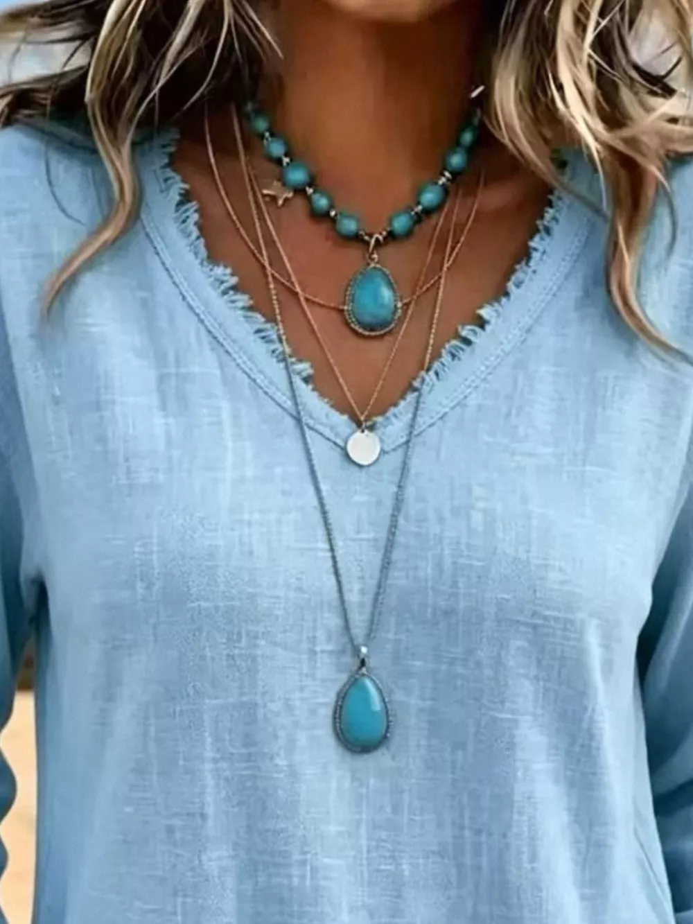 V-Neck Frayed Hem Long Sleeve T-Shirt, image 11