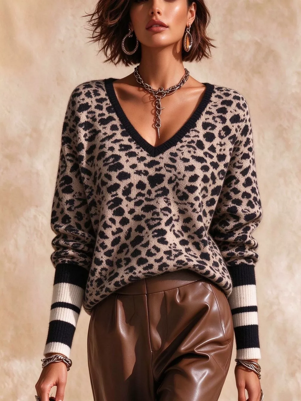 Full Size Leopard V-Neck Sweater with Striped Cuffs Plus Size, image 10