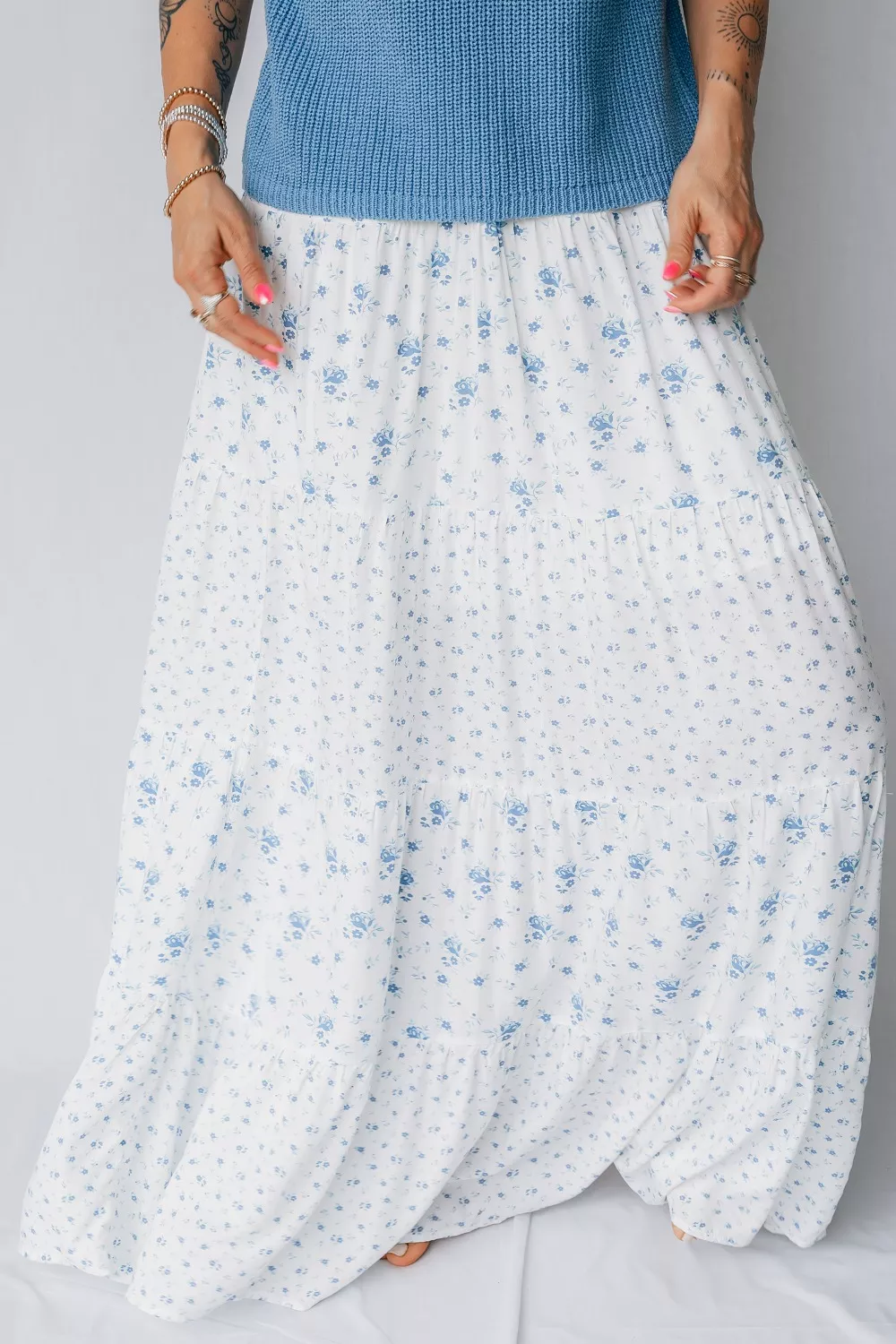 High Waist Tiny Floral Print Boho Maxi Skirt, image 5