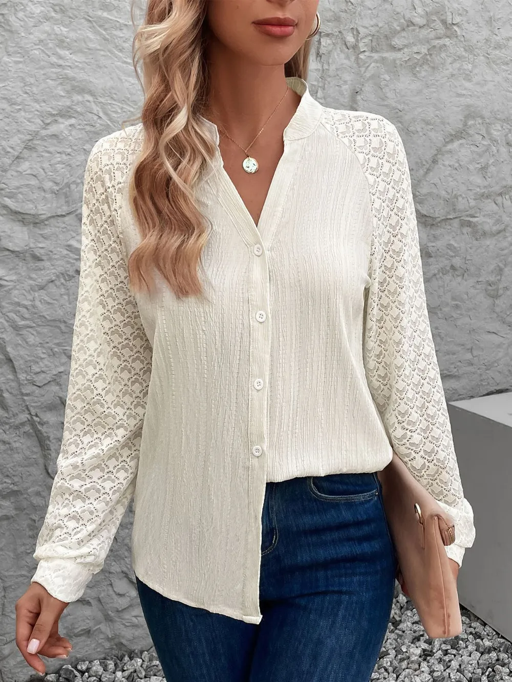 Textured Notched Long Sleeve Shirt, image 4