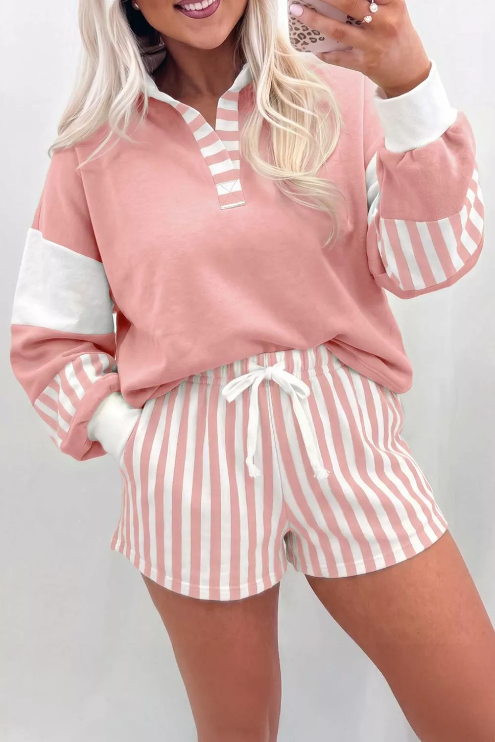 Color Block Polo Shirt and Drawstring Striped Shorts Set, image 3