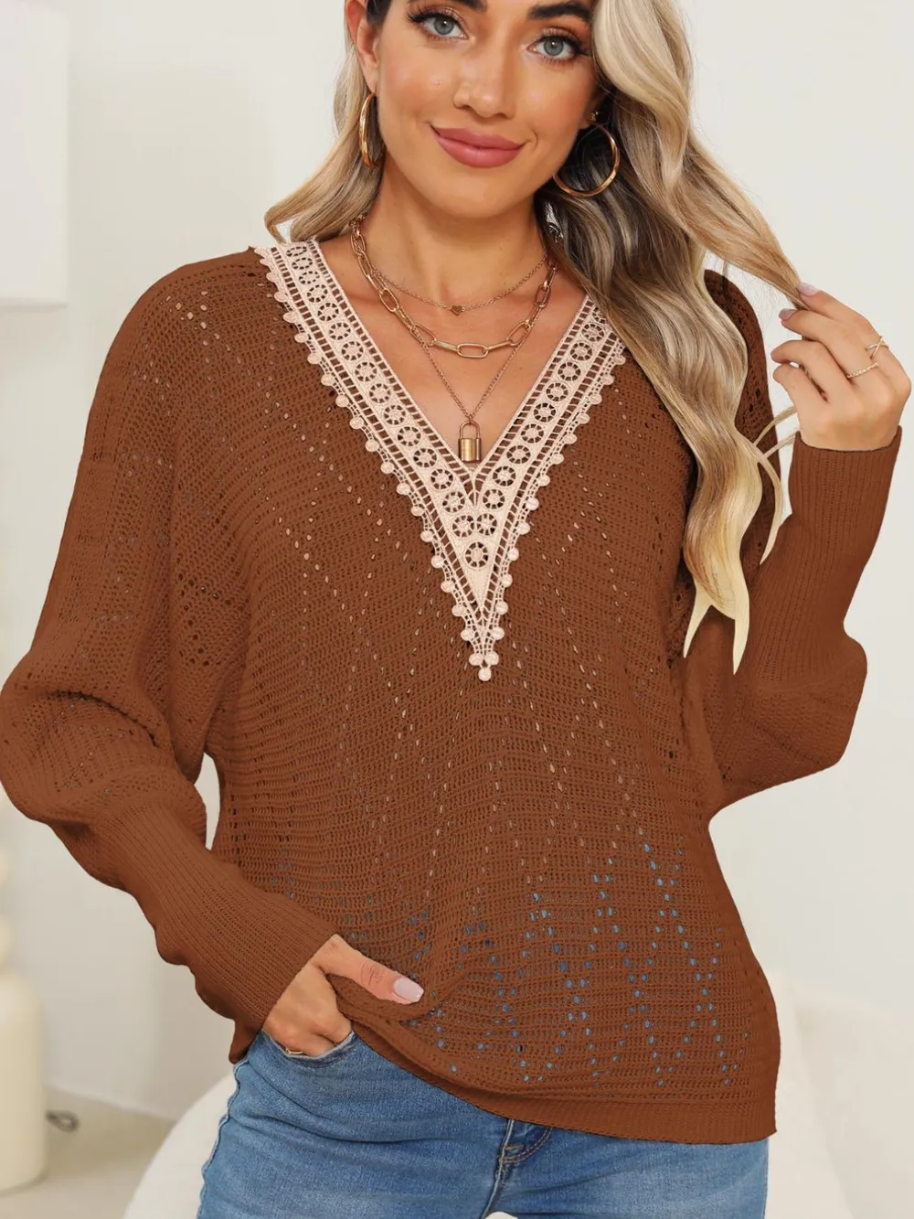 Lace Detail V-Neck Long Sleeve Sweater, image 9