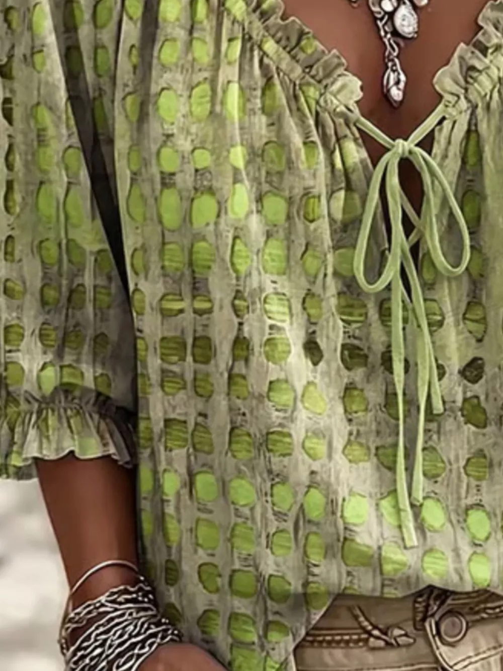 Full Size Tie Neck 3/4 Sleeve Blouse Plus Size, image 16