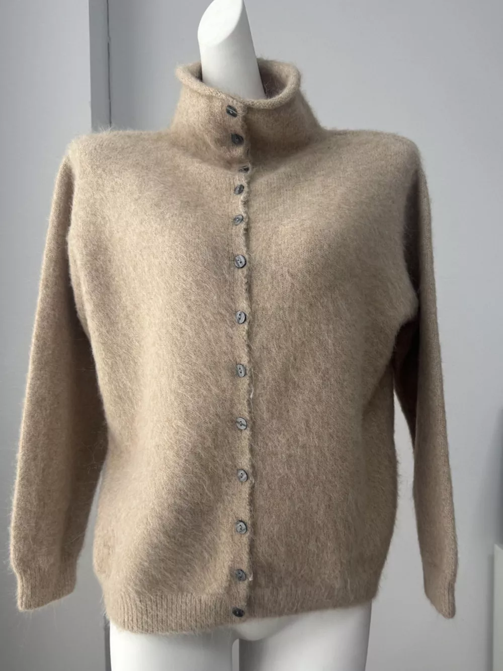 Mock Neck Button-Down Fuzzy Knit Cardigan, image 4