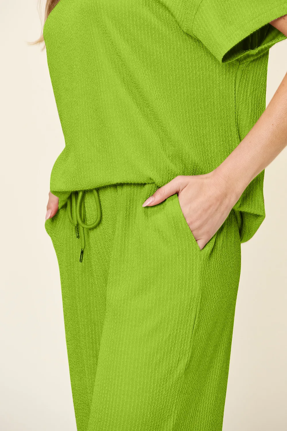 Full Size Texture Round Neck Short Sleeve T-Shirt and Wide Leg Pants, image 19