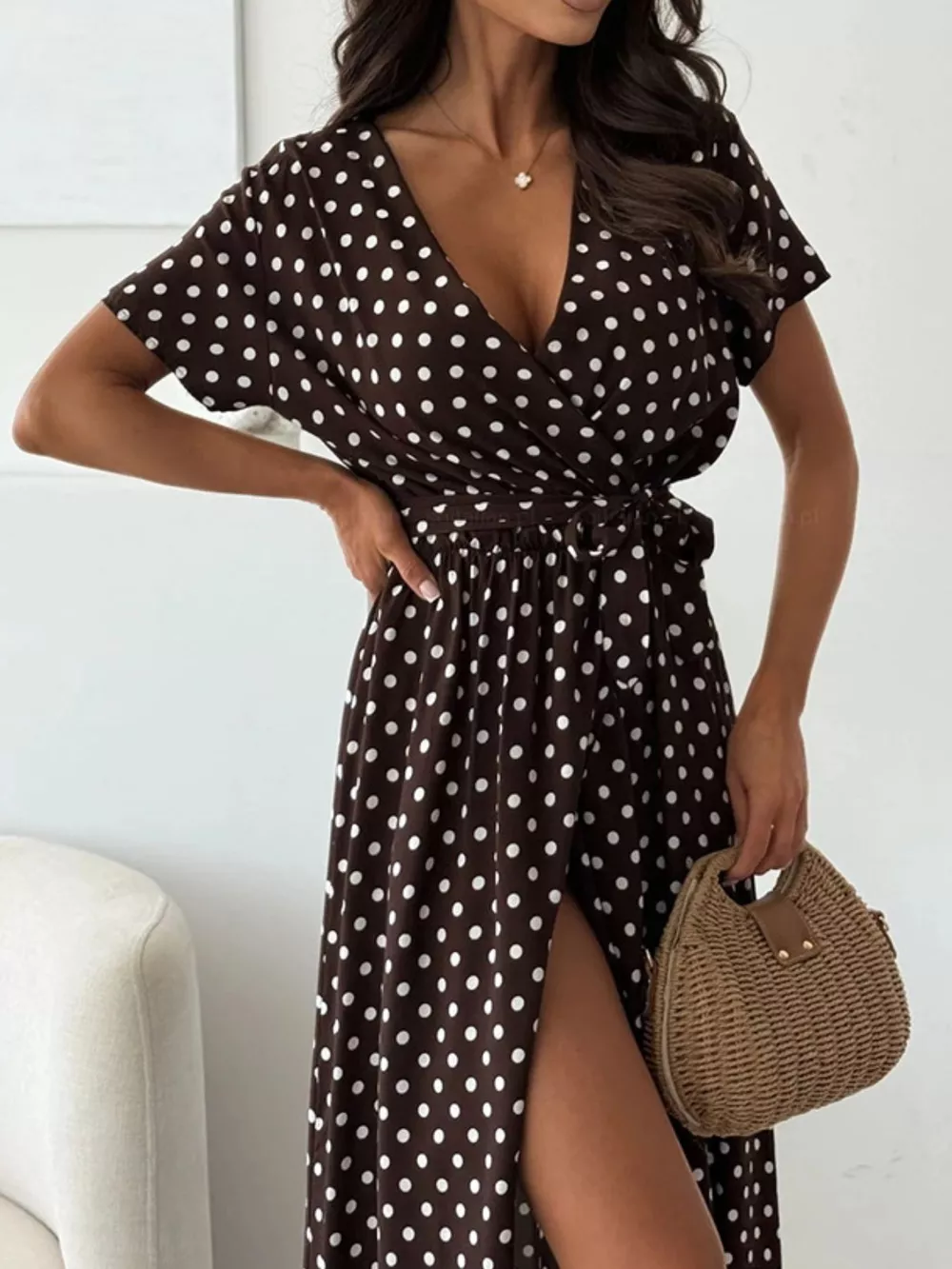 Polka Dot Surplice Maxi Dress with Slit, image 15