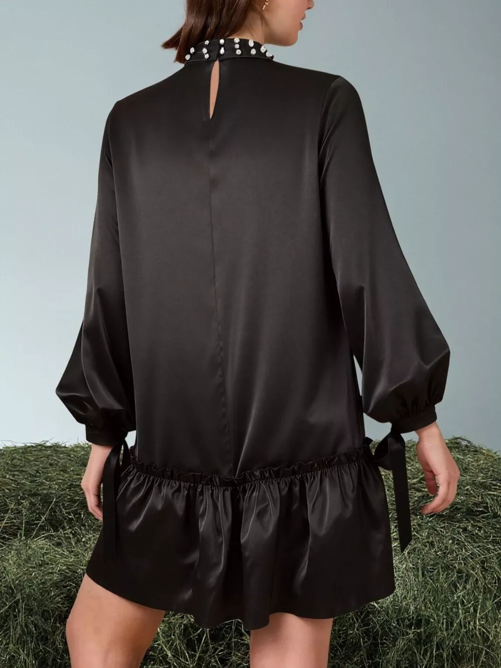 Pearl-Embellished Mock Neck Ruffle Hem Dress, image 4