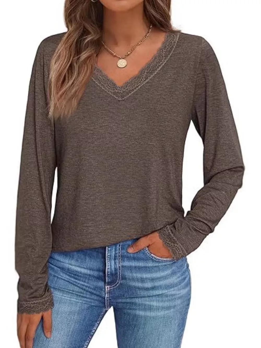Lace Trim V-Neck Long Sleeve T-Shirt, image 7
